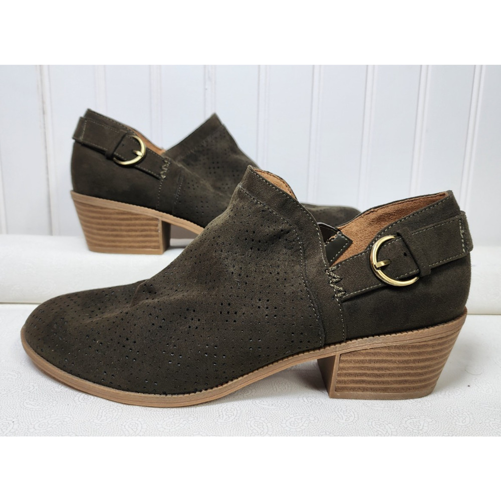 Dr. Scholl's Olive Suede Ankle Booties with Gold Buckle